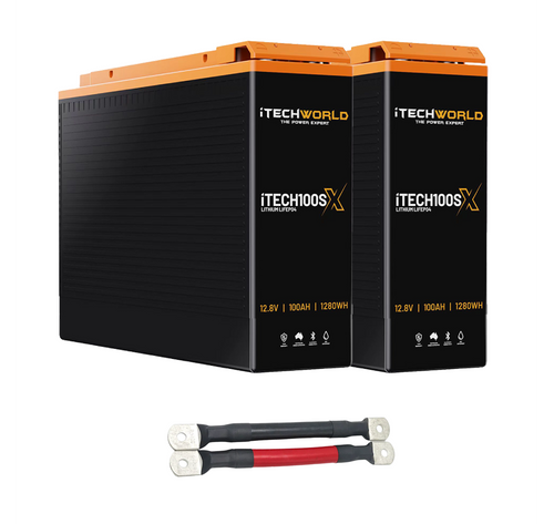 200Ah Slim Lithium Battery Bundle — 2x 100Ah Slim Deep Cycle with Parallel Linking Cables
