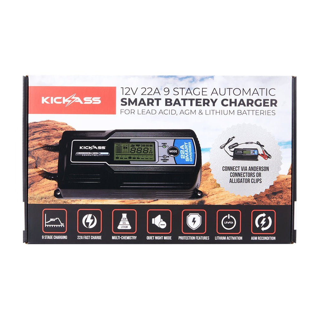 KickAss 12V 22Amp ACDC 9 Stage Smart Battery Charger For Lead Acid, AGM & Lithium Batteries