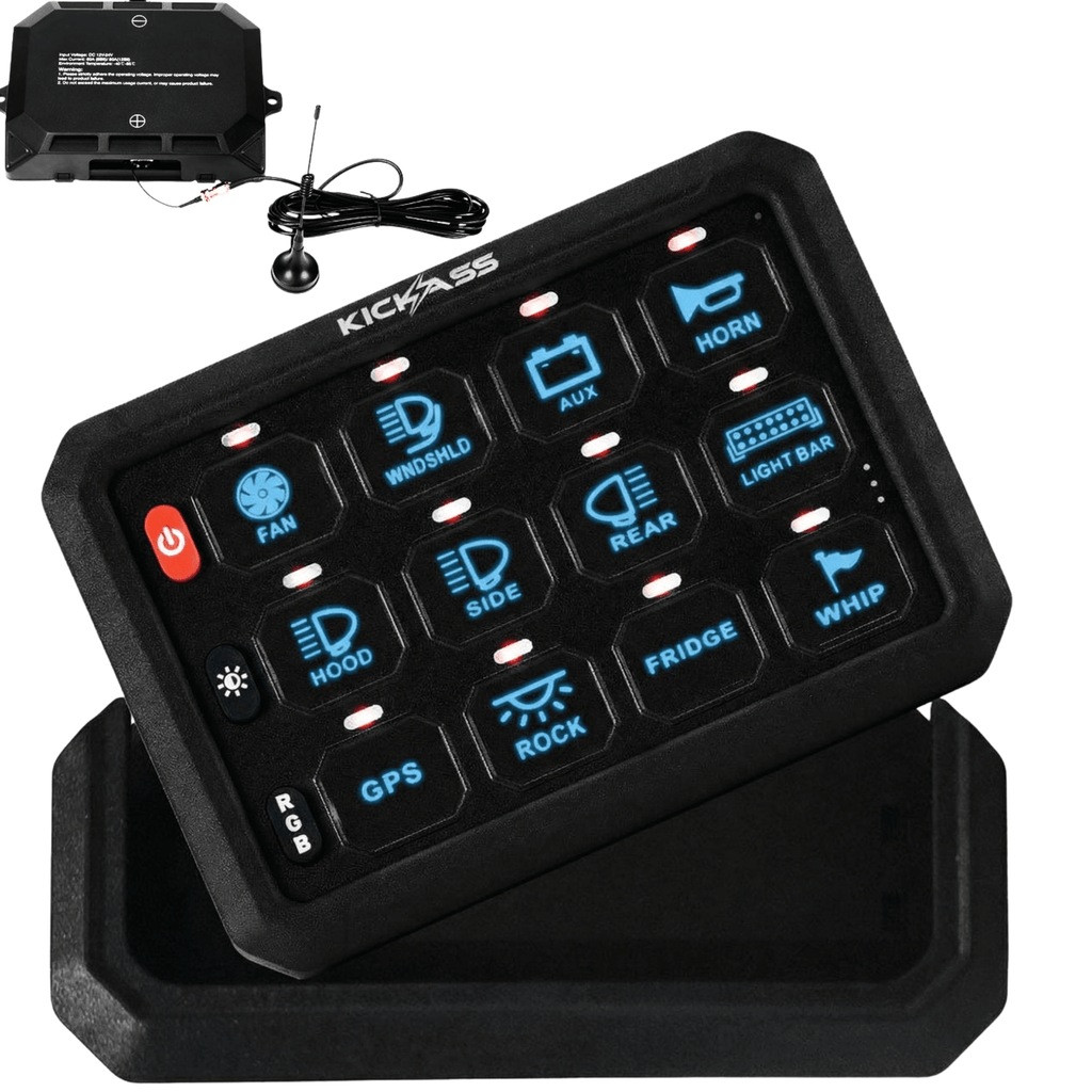 KickAss 12V/24V 12 Gang Wireless Switch Panel with Magnetic Charging Cradle - MKII