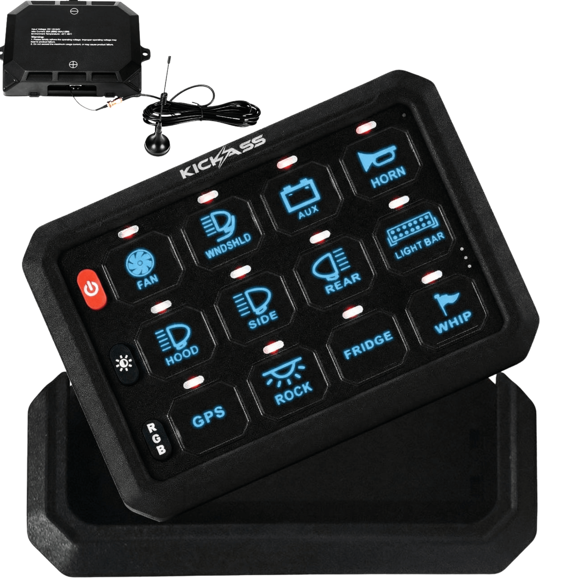 KickAss 12V/24V 12 Gang Wireless Switch Panel with Magnetic Charging Cradle - MKII