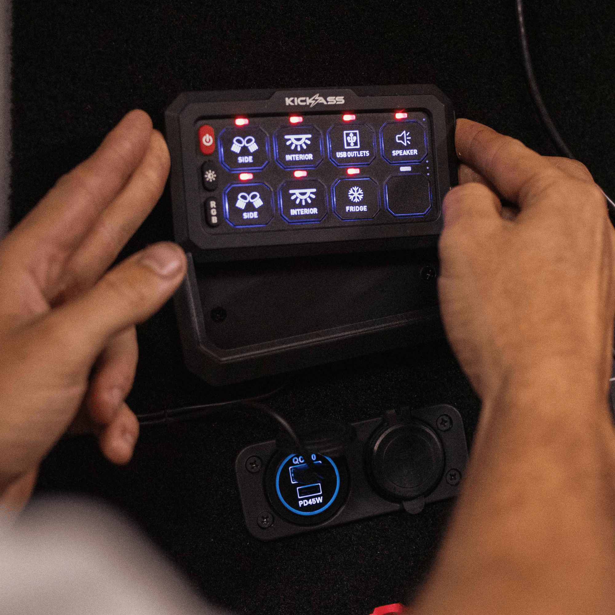 KickAss 12V/24V 8 Gang Wireless Switch Panel with Magnetic Charging Cradle - MKII