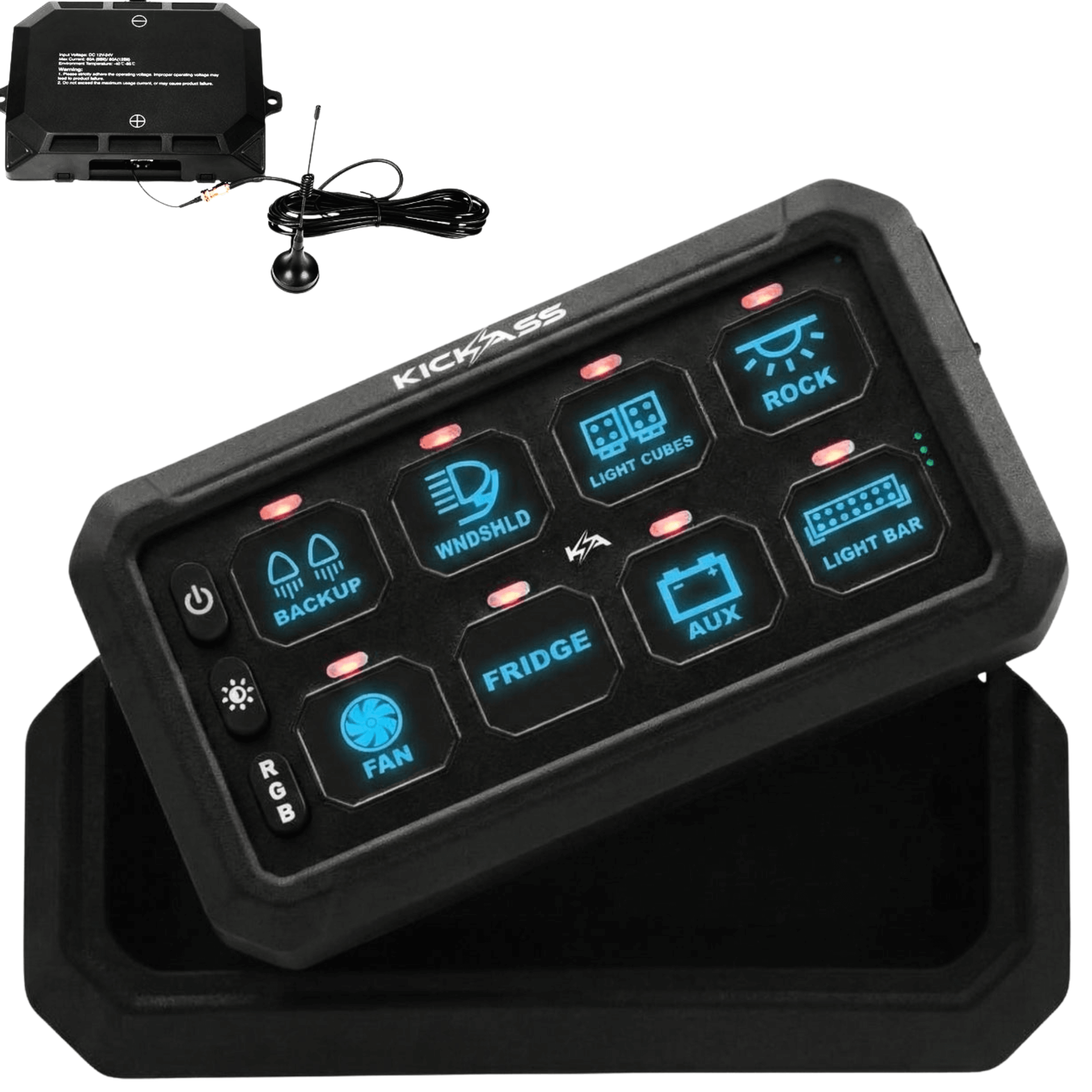KickAss 12V/24V 8 Gang Wireless Switch Panel with Magnetic Charging Cradle - MKII